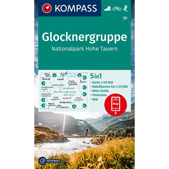 KOMPASS Wanderkarte Glocknergruppe, Nationalpark Hohe Tauern - 5in1 Wanderkarte 1:50000 mit Panorama, Aktiv Guide und Detailkarten inklusive Karte zur offline Verwendung in der KOMPASS-App. Fahrradfahren. Skitouren.