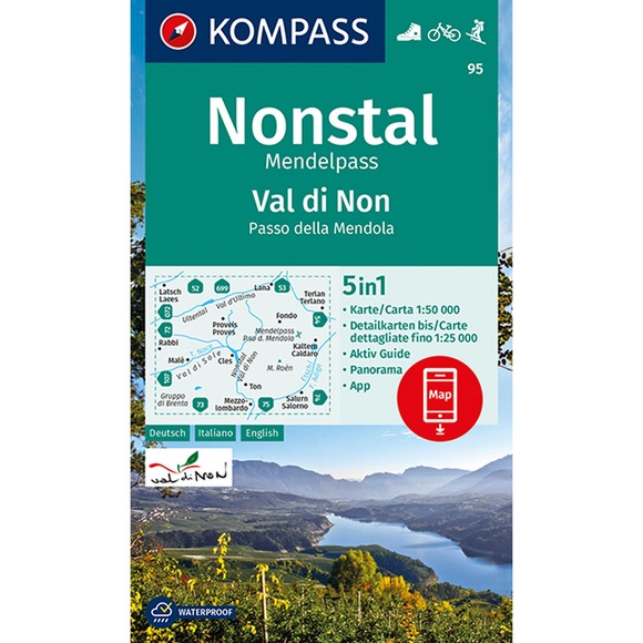 KOMPASS Wanderkarte Nonstal, Mendelpass, Val di Non, Passo della Mendola - 5in1 Wanderkarte 1:50000 mit Aktiv Guide, Detailkarten und Panorama inklusive Karte zur offline Verwendung in der KOMPASS-App. Fahrradfahren. Skitouren.