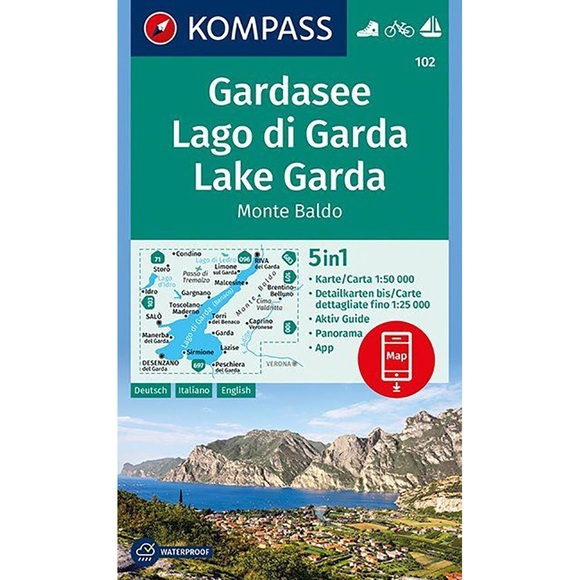 KOMPASS Wanderkarte Gardasee, Lago di Garda, Lake Garda, Monte Baldo - 5in1 Wanderkarte 1:50000 mit Panorama, Aktiv Guide und Detailkarten inklusive Karte zur offline Verwendung in der KOMPASS-App. Fahrradfahren. Segeln.