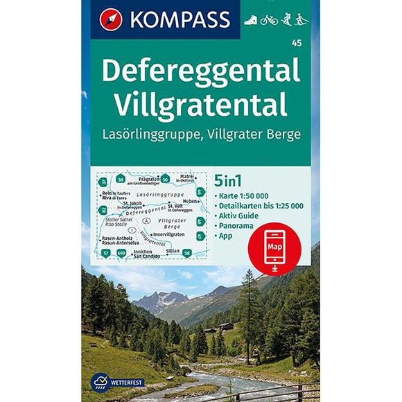 KOMPASS Wanderkarte 45 Defereggental, Villgratental, Lasörlinggruppe, Villgrater Berge 1:50000 - 5in1 Wanderkarte mit Panorama, Aktiv Guide und Detailkarten inklusive Karte zur offline Verwendung in der KOMPASS-App. Fahrradfahren. Skitouren. Langlau