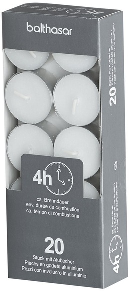 Balthasar Teelichte mit Alublech weiss 4h (20 Stück)