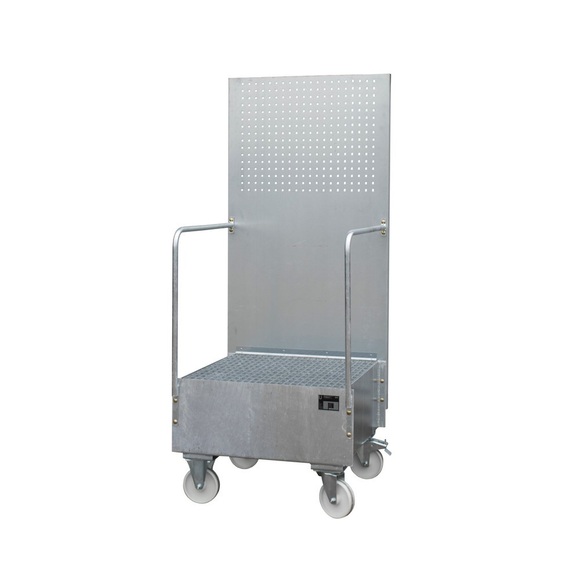 Fahrbare Auffangwanne mit Lochplattenwand 1 x 200-l-Fass stehend, LxBxH 870 x 890 x 2110 mm feuerverzinkt