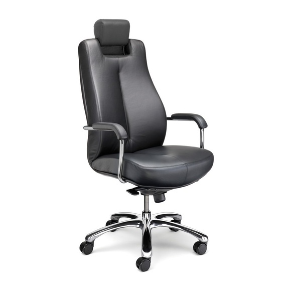 Bürodrehstuhl Chefsessel Sonata XXL, höhenverstellbare Kopfstütze, inkl. Armlehnen, Echtleder, schwarz