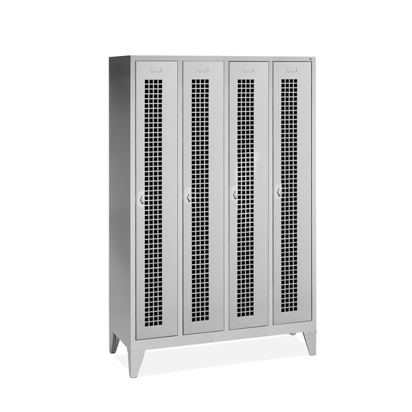C+P Garderobenschrank Classic mit Füssen, Lochfeld + Zylinderschloss, 4 Abteile, HxBxT 1.850 x 1.200 x 500 mm