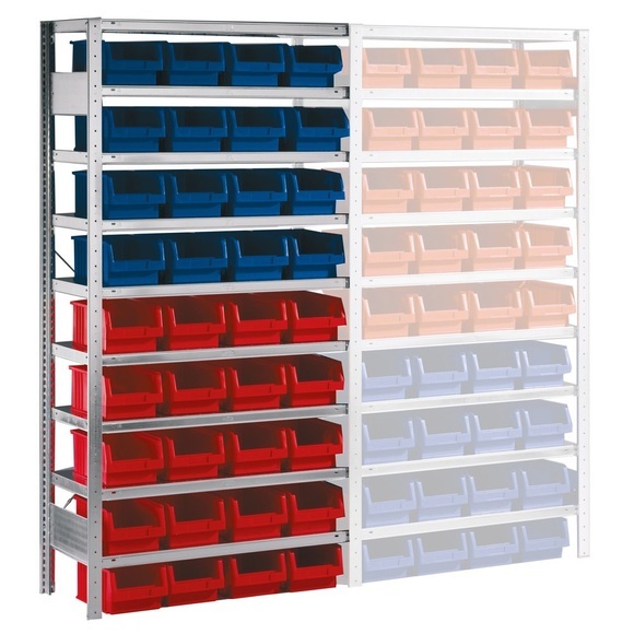 META Fachbodenregal, AF mit Sichtlagerkästen, FL 100 kg, 36 Kästen, HxBxT 2.000 x 1.000 x 400 mm