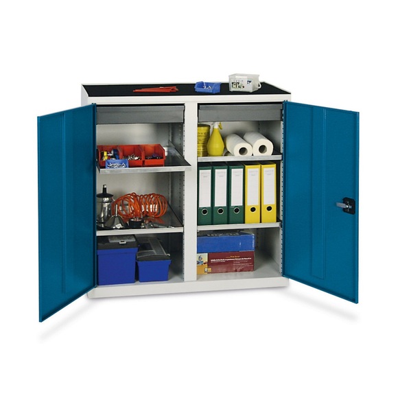 Flügeltürschrank mit 2 Schubladen und 4 Wannen, HxBxT 1.000 x 1.000 x 500 mm, blau