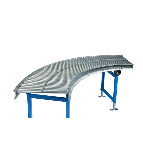 Klein-Rollenbahn, Stahlrohrrollen, 45° Kurve, Bahnbreite 400 mm, Achsabstand 25 mm