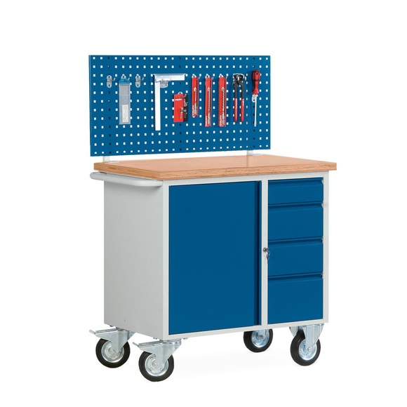 Kleine Kompaktwerkbank mit Flügeltürschrank + 4 Schubladen + Multiwandaufbau H 460 mm, fahrbar
