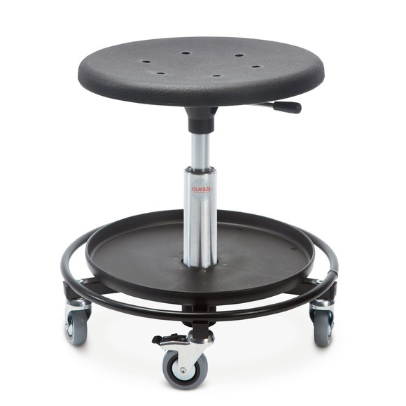 Hocker, PU-Formsitz Ø 480 mm, Sitzhöhe 310-380 mm, Fussring mit Ablage