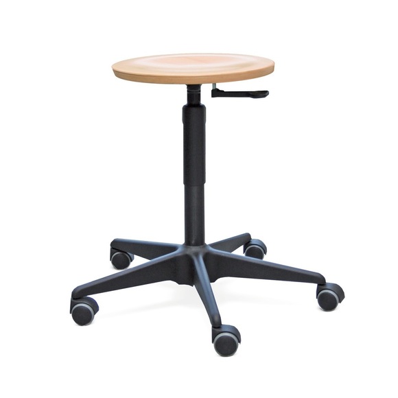 BASIC Hocker, Sitz aus Buche, Sitzhöhe 410-535 mm, Stahlbasis, Rollen