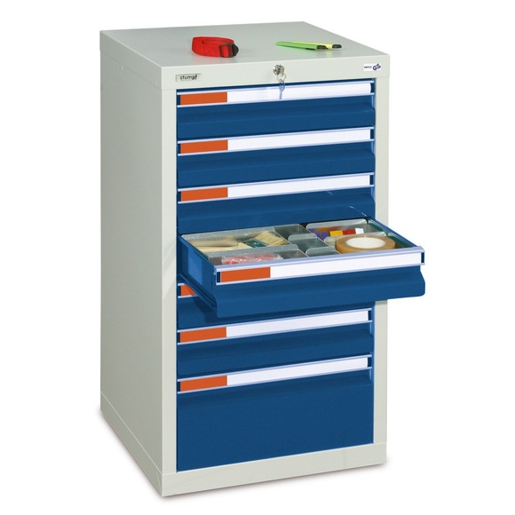 stumpf® Schubladenschrank Premium, Schubladen 6x100 + 1x200 mm, HxBxT 900 x 500 x 500 mm, lichtgrau/enzianblau