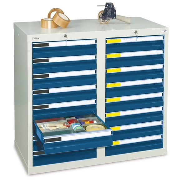 stumpf® Schubladenschrank Premium, Schubladen 16x100 mm, HxBxT 900 x 1.000 x 500 mm, lichtgrau/enzianblau