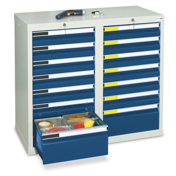 stumpf® Schubladenschrank Premium, Schubladen 12x100 + 2x200 mm, HxBxT 900 x 1.000 x 500 mm, lichtgrau/enzianblau