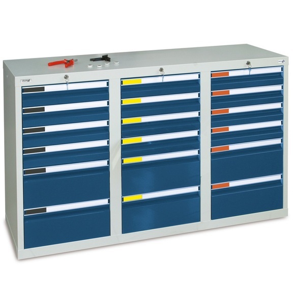 stumpf® Schubladenschrank Premium, Schubladen 12x100 + 6x200 mm, HxBxT 900 x 1.500 x 500 mm, lichtgrau/enzianblau
