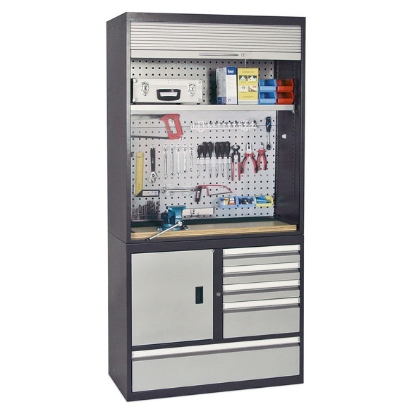stumpf® Werkstatt-Rollladenschrank mit integrierter Arbeitsplatte + Lochwand + 5 Schubladen