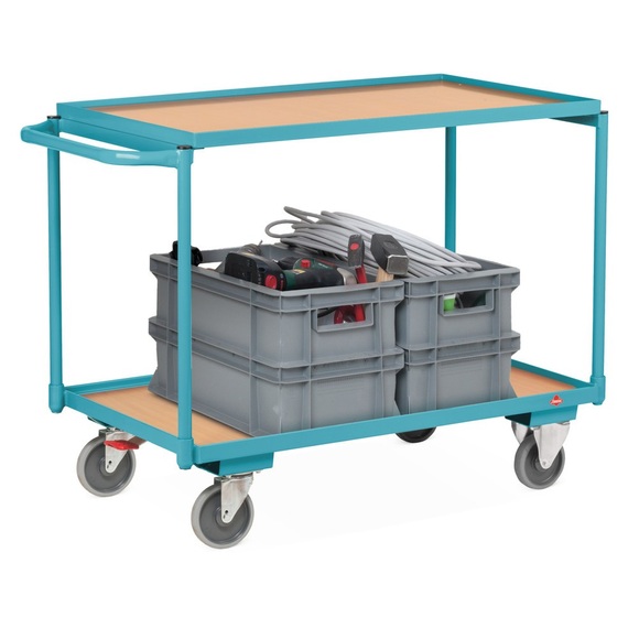 Ameise® Tischwagen, waagerechter Bügel, 2 Etagen à 850 x 500 mm, TK 250 kg, mit Zentralbremse