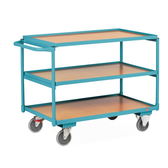 Ameise® Tischwagen, waagerechter Bügel, 3 Etagen à 850 x 500 mm, TK 250 kg, mit Zentralbremse