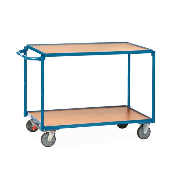 fetra® Tischwagen, TK 300 kg, 2 Etagen à 850 x 500 mm, waagerechter Schiebebügel, mit Zentralbremse