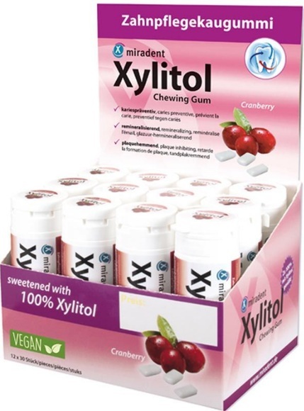 Miradent Xylitol Cranberry, Display 12 Dosen à 30 Stk.