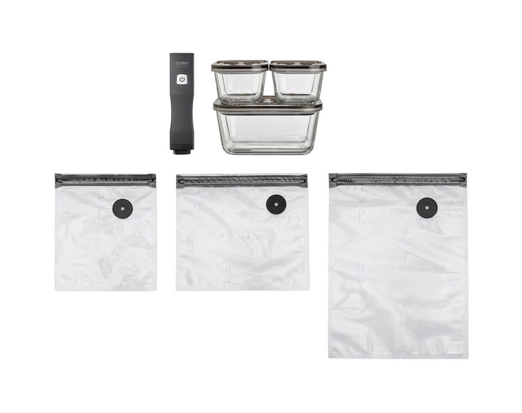 Hand-Vakuumierer OneTouch Eco-Set - Vakuumierer inkl. 3 Glas Vakuumbehälter + 10 Zip-Beutel