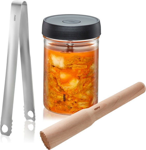 GEFU Fermentationsglas »NATIVO«, (Set, 5 tlg.), :1 l Fermentationsglas mit Deckel, Beschwerungsgewicht, Stössel und Zange