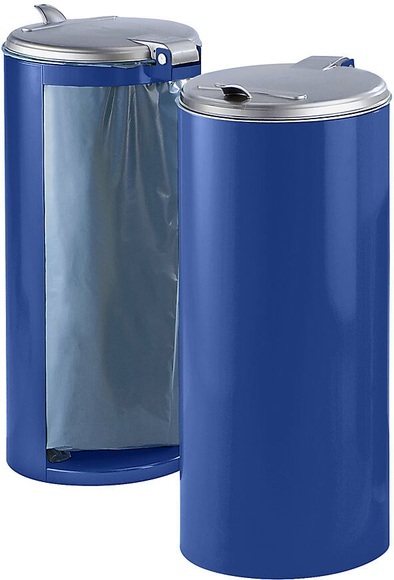 Stahlblech-Abfallsammler für Volumen 120 l, Front verblendet blau mit silberfarbenem Kunststoffdeckel