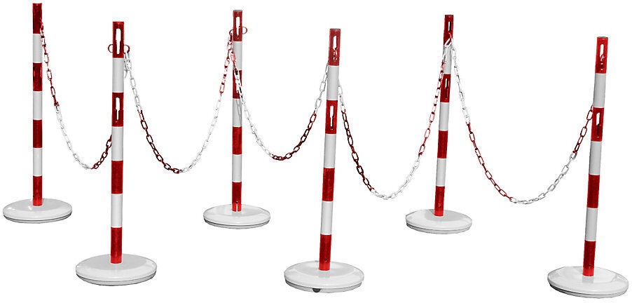 Absperrpfostenset mit 6 Pfosten, 15 m Kette rot / weiß
