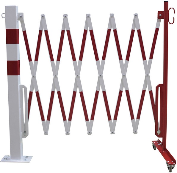Sperrpfosten mit Scherengitter Vierkantrohr 70 x 70 mm, zum Aufdübeln rot / weiß, Länge max. 3600 mm