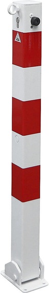 Absperrpfosten, 70 x 70 mm, weiß / rot klappbar mit Profilzylinder mit 1 Öse