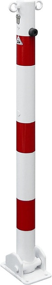 Absperrpfosten, Ø 60 mm, weiß / rot klappbar mit Profilzylinder mit 2 Ösen