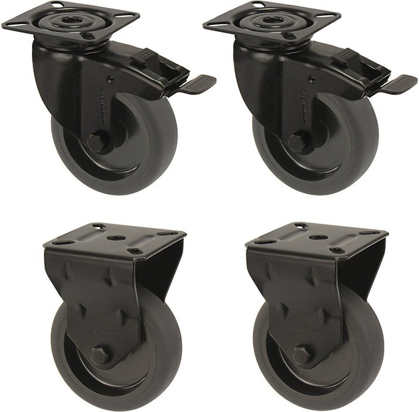 Proroll Gummireifen schwarz, thermoplastisch, mit Montageplatte, Set-Angebot 2 Lenkrollen mit Doppelstopp und 2 Bockrollen Rad-Ø x Breite 75 x 23 mm
