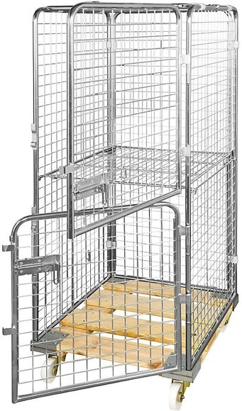 Antidiebstahlbehälter mit Holz-Rollplatte Nutzhöhe 1585 mm mit 2 Türen, 1 Drahtgitter-Zwischenboden