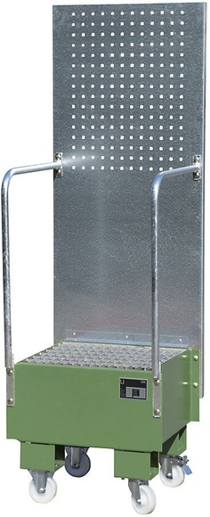 Fahrbare Auffangwanne mit Lochplattenwand 1 x 60-l-Fass stehend, LxBxH 570 x 590 x 1775 mm resedagrün