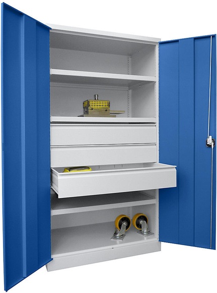 Schwerlastschrank, Höhe 1950 mm 3 Fachböden, 3 Schubladen à 175 mm grau / blau
