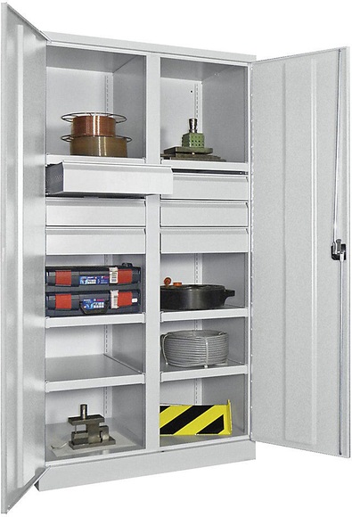 Schwerlastschrank, Höhe 1950 mm 6 Fachböden, 6 Schubladen à 175 mm grau