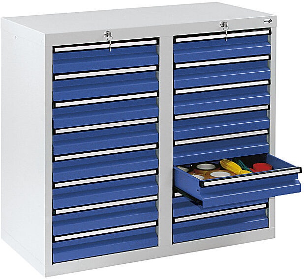 Schubladenschrank HxBxT 900 x 1000 x 500 mm, 16 Schubladen 100 mm hoch Korpus grau, Schubladen enzianblau