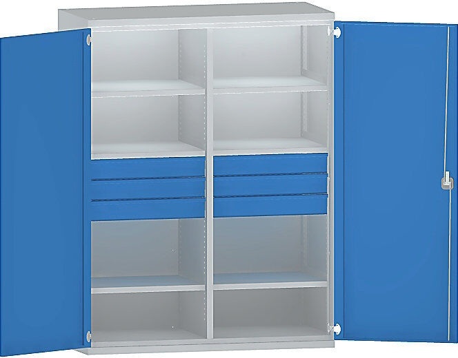 EUROKRAFT Schwerlastschrank JUMBO aus Stahlblech 6 Fachböden, 6 Schubladen 120 mm hoch lichtgrau/lichtblau