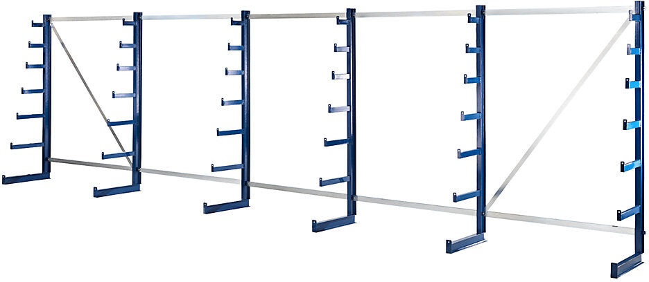 EUROKRAFT Kragarmregal mit nach oben verjüngender Kragarm-Länge Regallänge 6750 mm einseitig, enzianblau