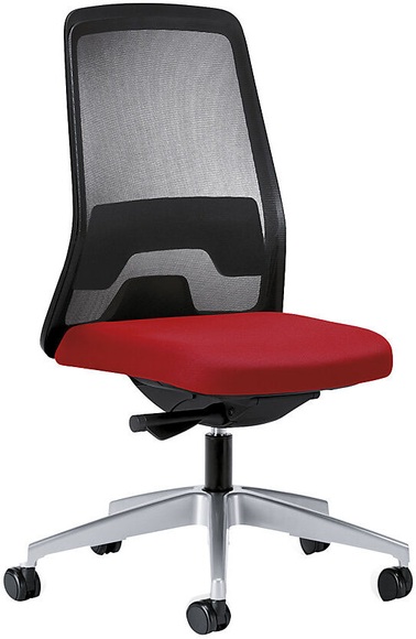 interstuhl Operator-Drehstuhl EVERY, Netz-Rückenlehne schwarz Gestell brillantsilber, mit harten Rollen feuerrot, Sitztiefe 410 - 470 mm