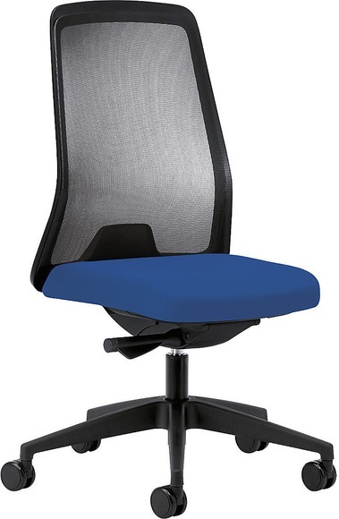 interstuhl Operator-Drehstuhl EVERY, Netz-Rückenlehne schwarz Gestell schwarz, mit weichen Rollen enzianblau, Sitztiefe 410 - 470 mm