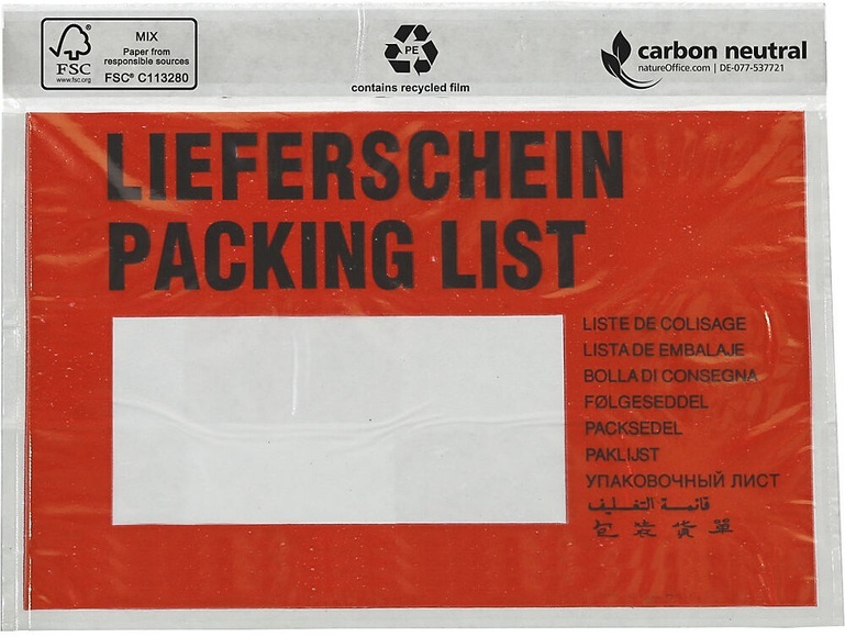 Dokumententasche mit FSC®-Zertifizierung, VE 1000 Stk für DIN C6, mit Aufdruck ''Lieferschein''