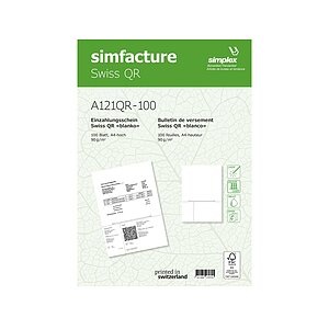 Einzahlungsscheine Simfacture Swiss QR, A4, 90 g/m², weiss, FSC®-zertifiziert, verwendbar ab 30.6.2020, 100 Blatt