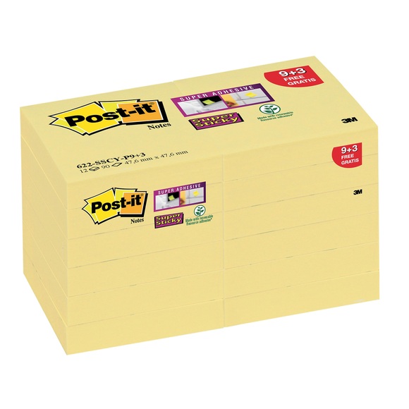 POST-IT Notes Super Sticky 47,6x47,6mm 622SSCYP9 gelb 12x90 Blatt