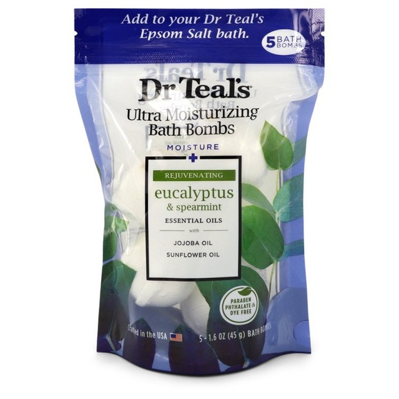 Dr Teal’s Ultra Moisturizing Bath Bombs by Dr Teal’s Five (5) 50 ml Moisture Rejuvinating Bath Bombs with Eucalyptus & Spearmint, Essential Oils, Jojoba Oil, Sunflower Oil (Unisex) 50 ml