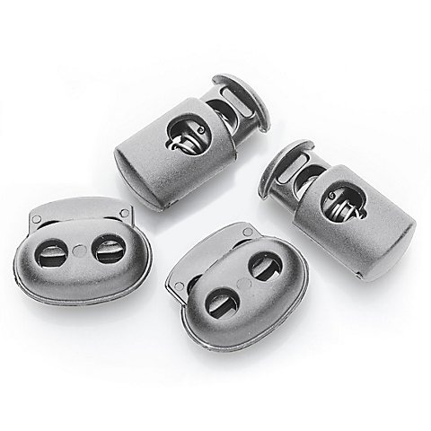 buttinette Kordelstopper-Set, grau, für Kordeln bis 5 mm Ø und 6 mm Ø, Inhalt: 4 Stück