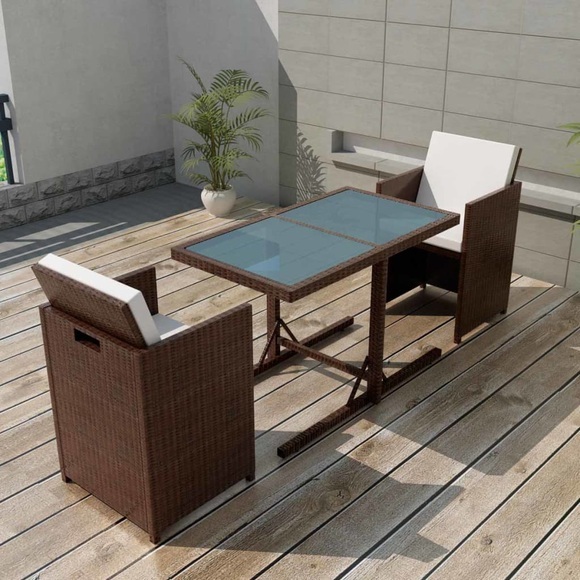 3-tlg. Bistro-Set mit Auflagen Poly Rattan Braun