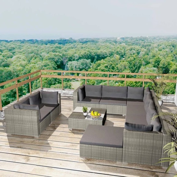 10-tlg. Garten-Lounge-Set mit Auflagen Poly Rattan Grau