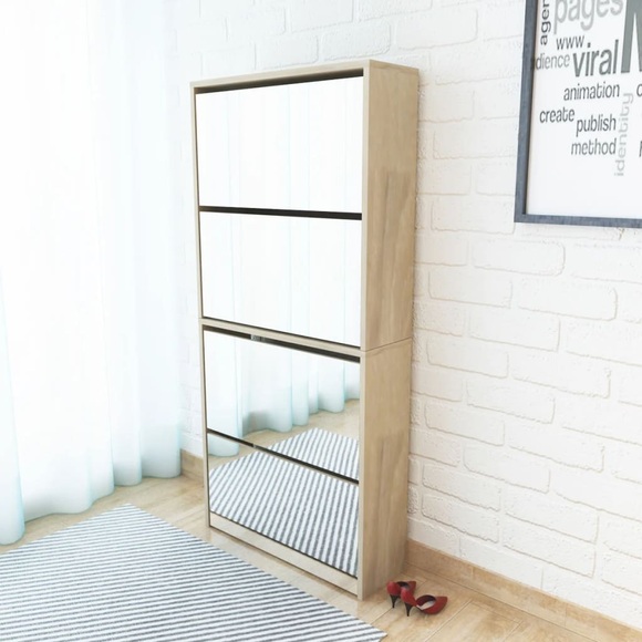 vidaXL Schuhschrank mit 4 Fächern Spiegel Eiche 63×17×134 cm
