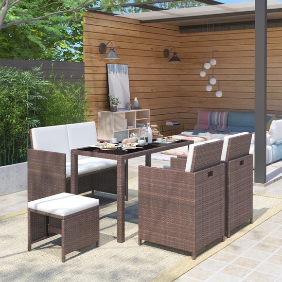 6-tlg. Garten-Essgruppe mit Auflagen Poly Rattan Braun