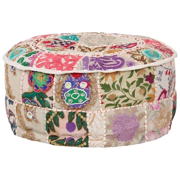 Patchwork Sitzpouf Rund Baumwolle Handgefertigt 40x20 cm Beige